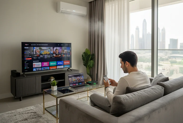 a man watching TV in a house in Dubai