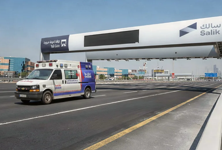 an Ambulance passing through Salik Gate in Dubai