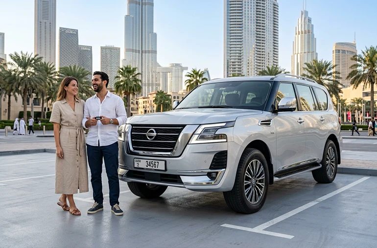 a couple with a rental car in Dubai