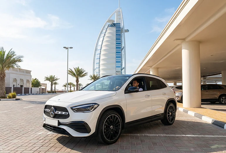 a Benz GLA parking in Dubai