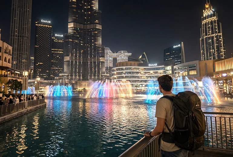 a tourist watching Dubai Fountain show