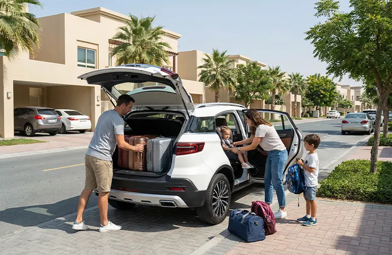 a family getting ready for a long trip in Dubai with car rental
