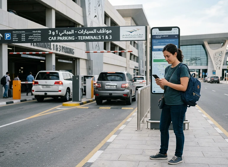 a woman reserving parking online at Abu Dhabi Airport 