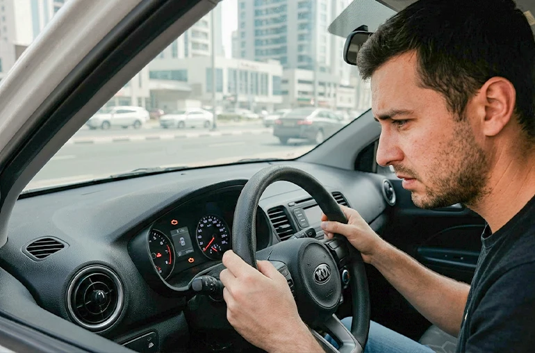 a man driving a rental car in Dubai