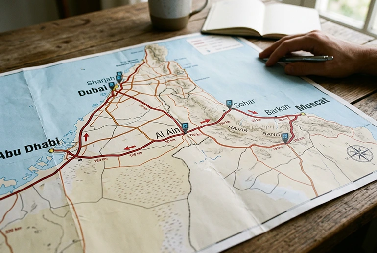 Dubai to Muscat map