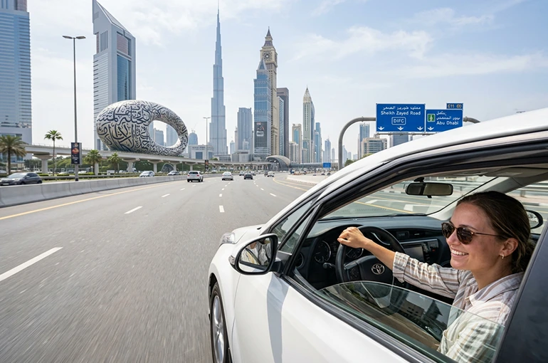 a tourist driving with car rental in Dubai