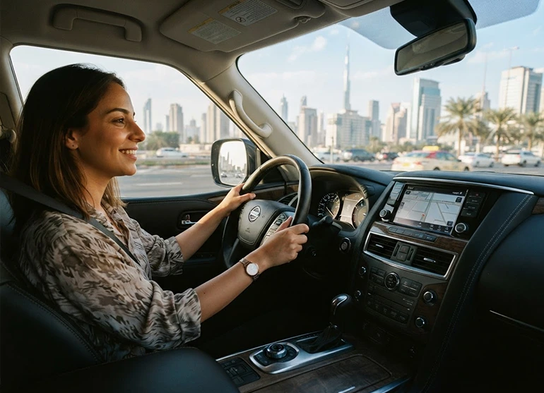 woman riding nissan in Dubai