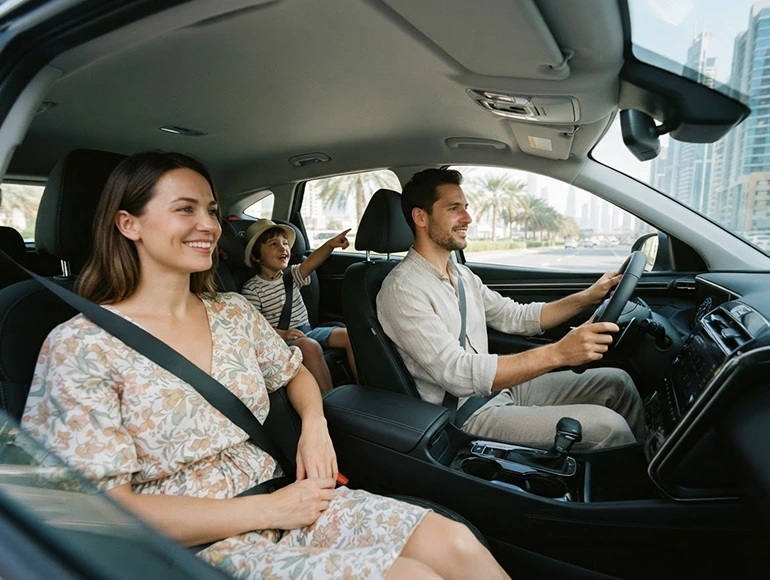 a family driving a Mitsubishi Xpander in Dubai