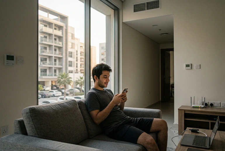 a man using a phone in his house